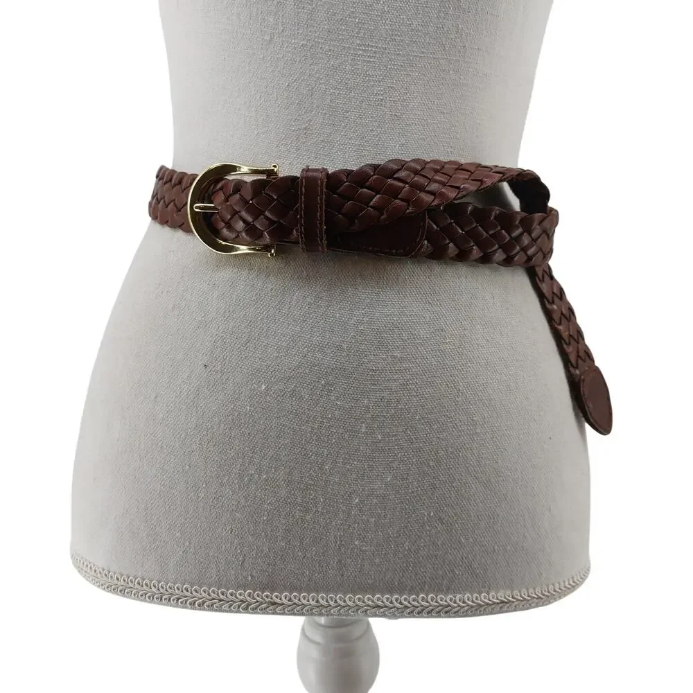 NY & CO Women's Sz L Brown Braided Belt Gold Buckle Casual